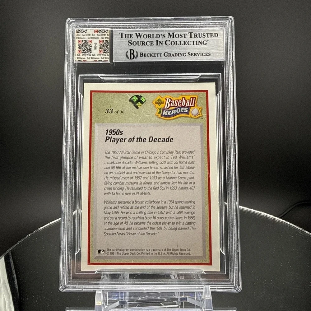 1992 Upper Deck Baseball Heroes Ted Williams‎ 1984 Game Used Bat #33 BGS